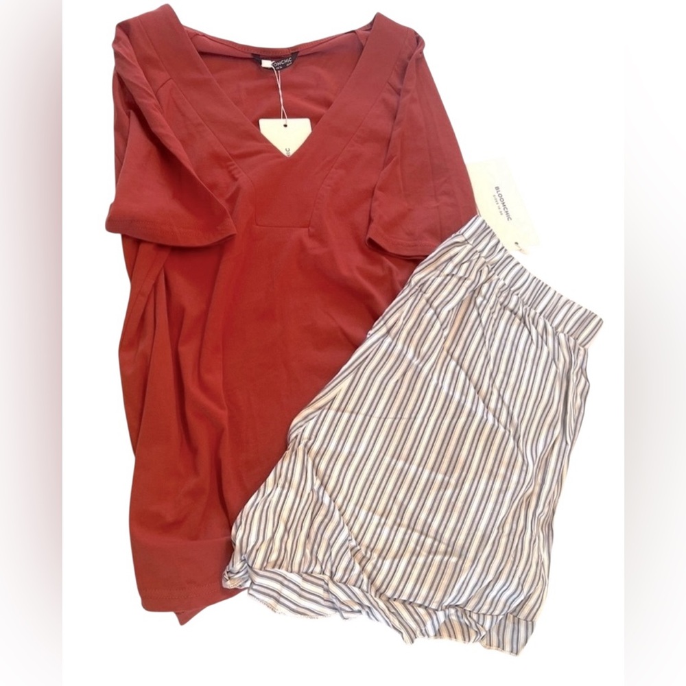 BloomChic Rust Colored Top & Striped Ruffle Trim Shorts PJ Set - Picture 7 of 7